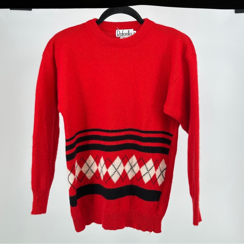Vintage RAFAEL Red and Black‎ Argyle Crewneck Sweater Wool Angora Classic